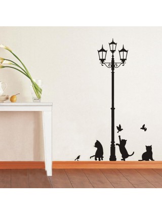 Adesivo decorativo con gatti e lampione sticker murale da parete 70  X 50 cm