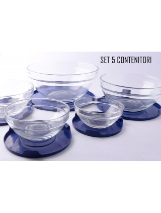 Set 5 contenitori in vetro impilabili ciotole cooking bowl per microonde BLU